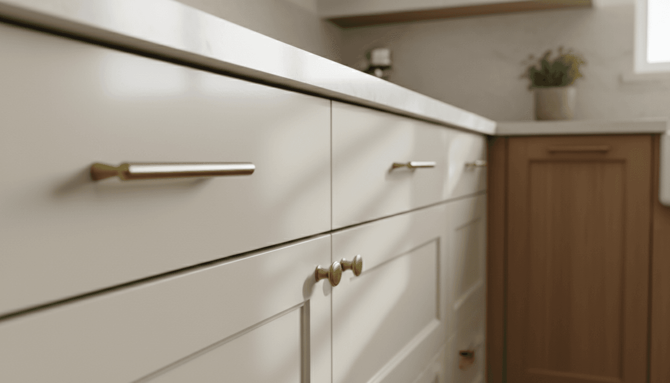 Freshly refinished kitchen cabinet with polished paint finish in warm natural light
