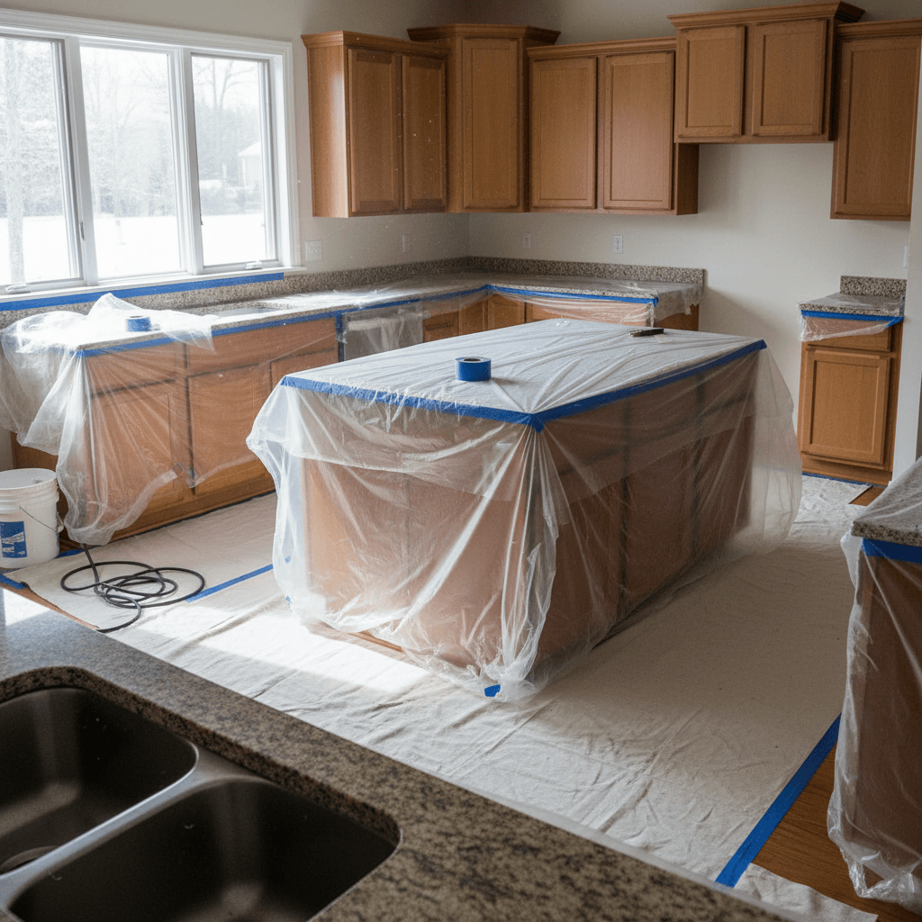 Kitchen protected with drop cloths and plastic during cabinet repainting project