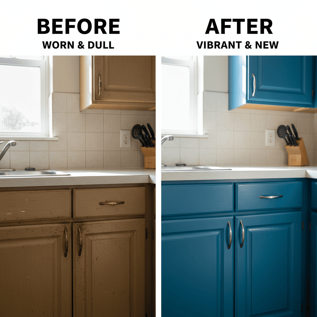 Before and after cabinet repainting transformation