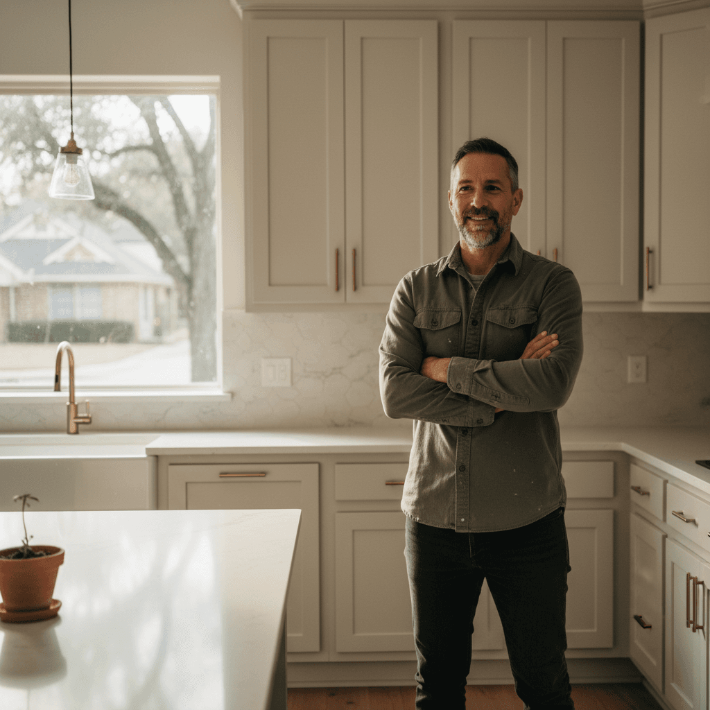 Cabinet repainting professional in Dallas showing completed project