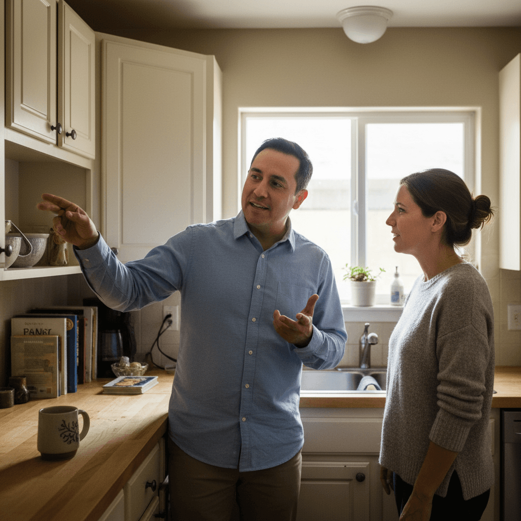 Cabinet repainting consultation with homeowner in Dallas kitchen