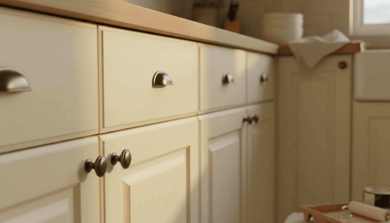 Freshly painted kitchen cabinet doors showing professional finish and quality craftsmanship