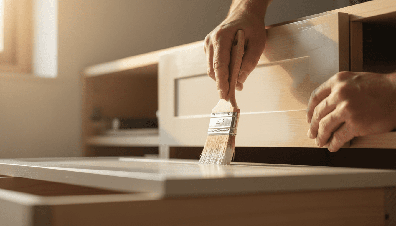 Close-up of skilled painter's hands applying fresh paint to a cabinet door with precision brush work